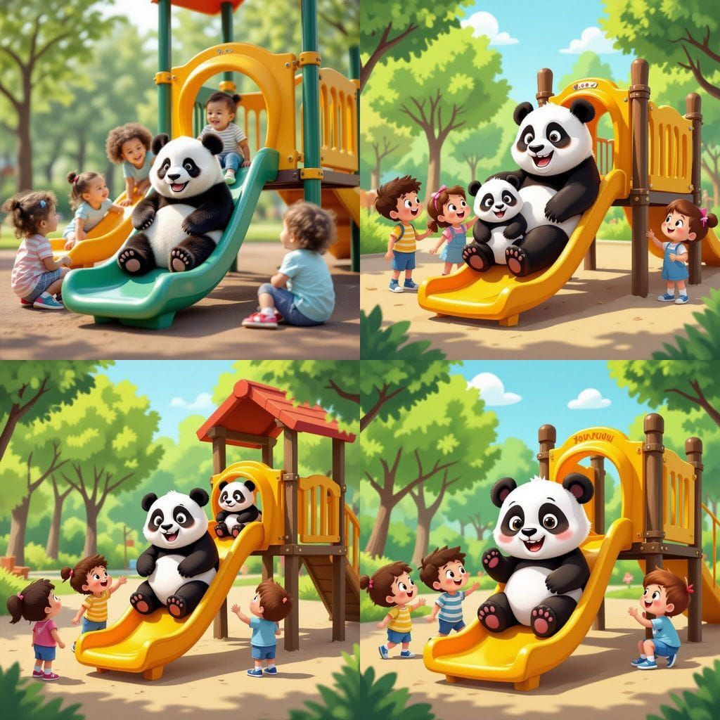 Cute Panda Joyfully Slides at Playground
