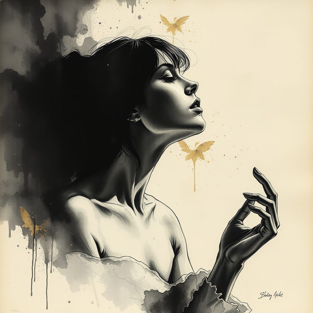 Contemplative Woman in Shadows: Ink Wash Art