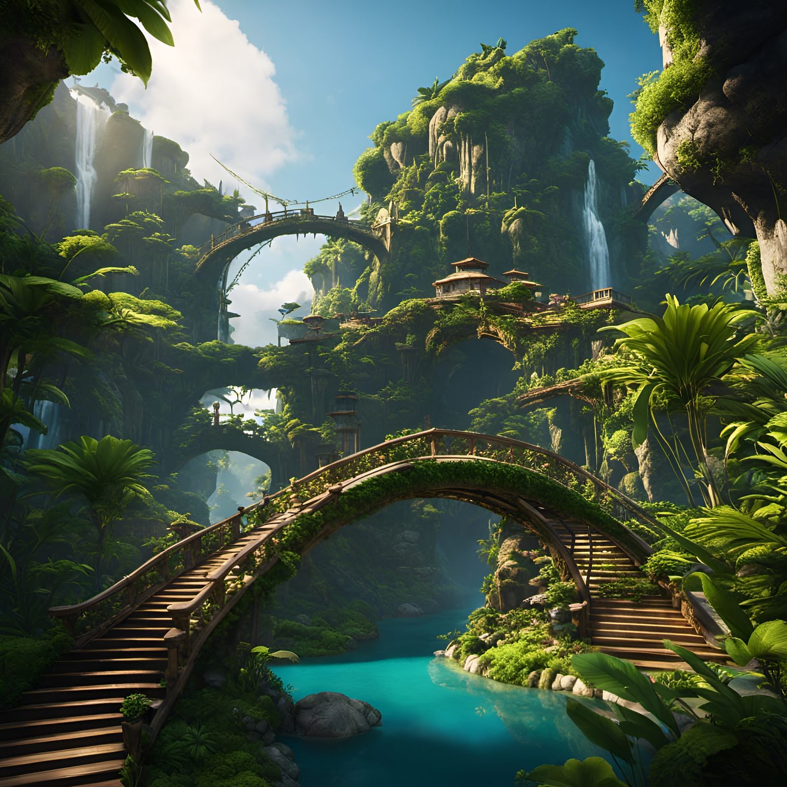 Floating Island with Jungle Architecture in Fantasy Landscap...