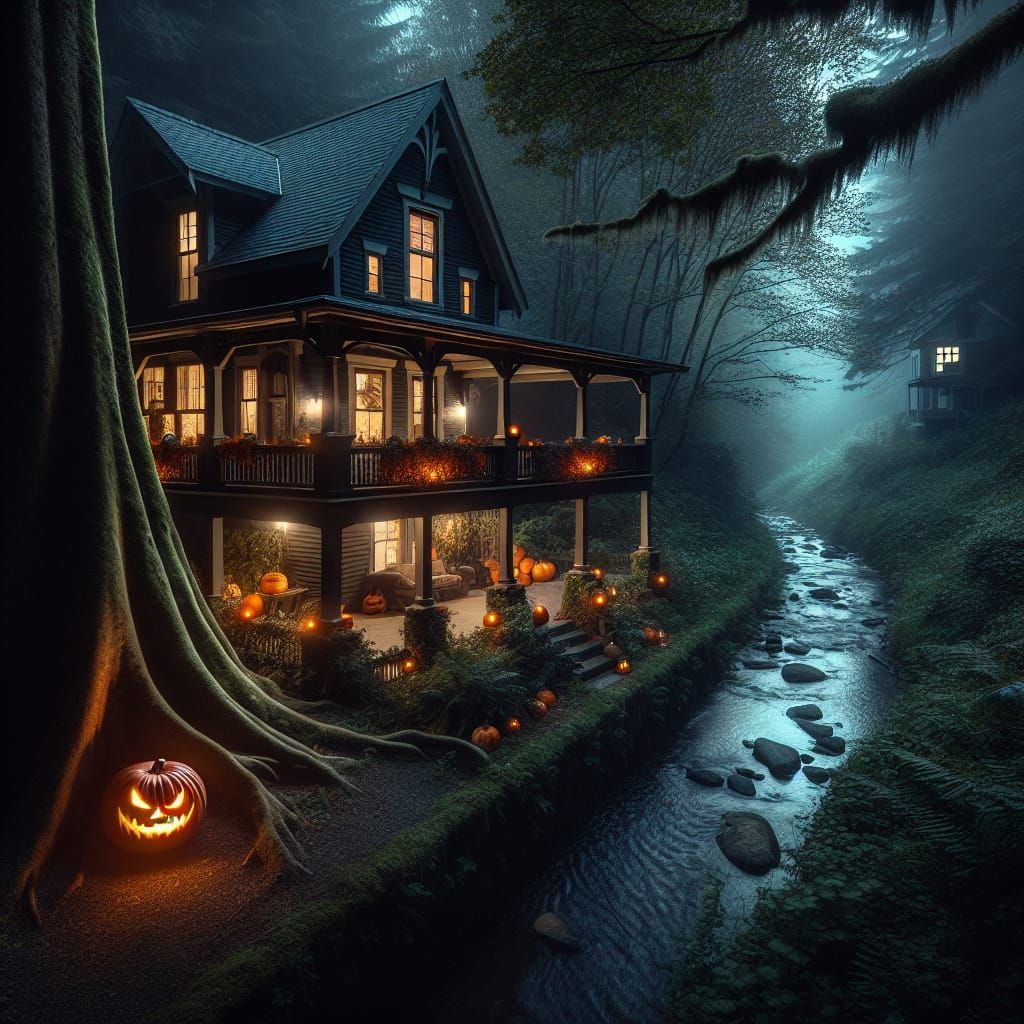 Spooky Halloween Home in Dark Forest at Night