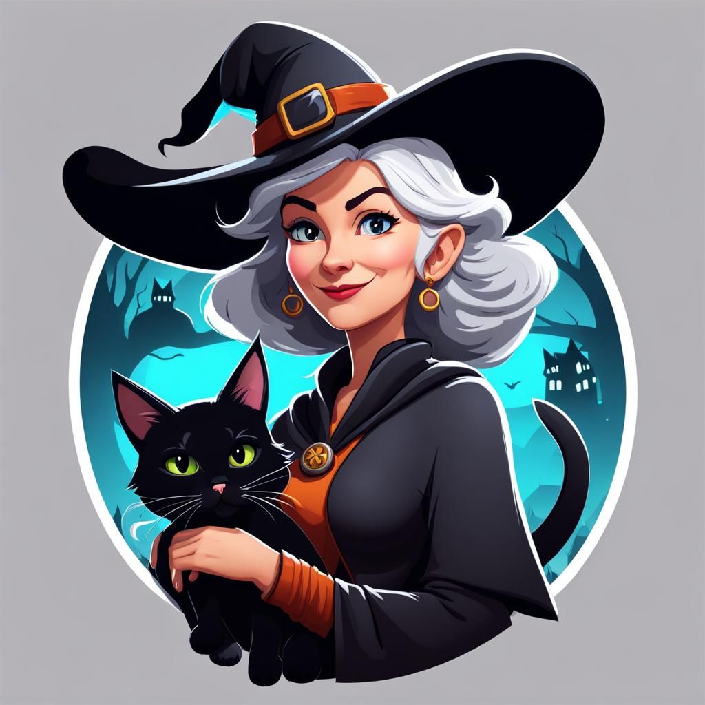 Cartoon Witch and Cat Playing Video Games