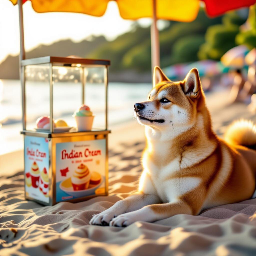 Happy Shiba Inu on Beach Gazing at Ice Cream Stall