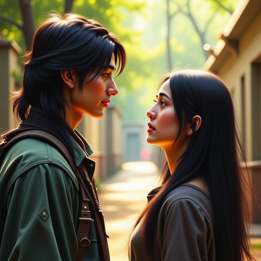 Young Couple in Sun-Dappled School Hallway