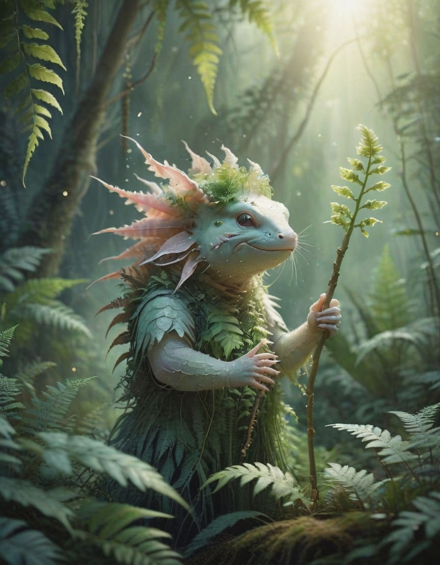 Surreal Green Pastel Axolotl Druid in Ethereal Landscape