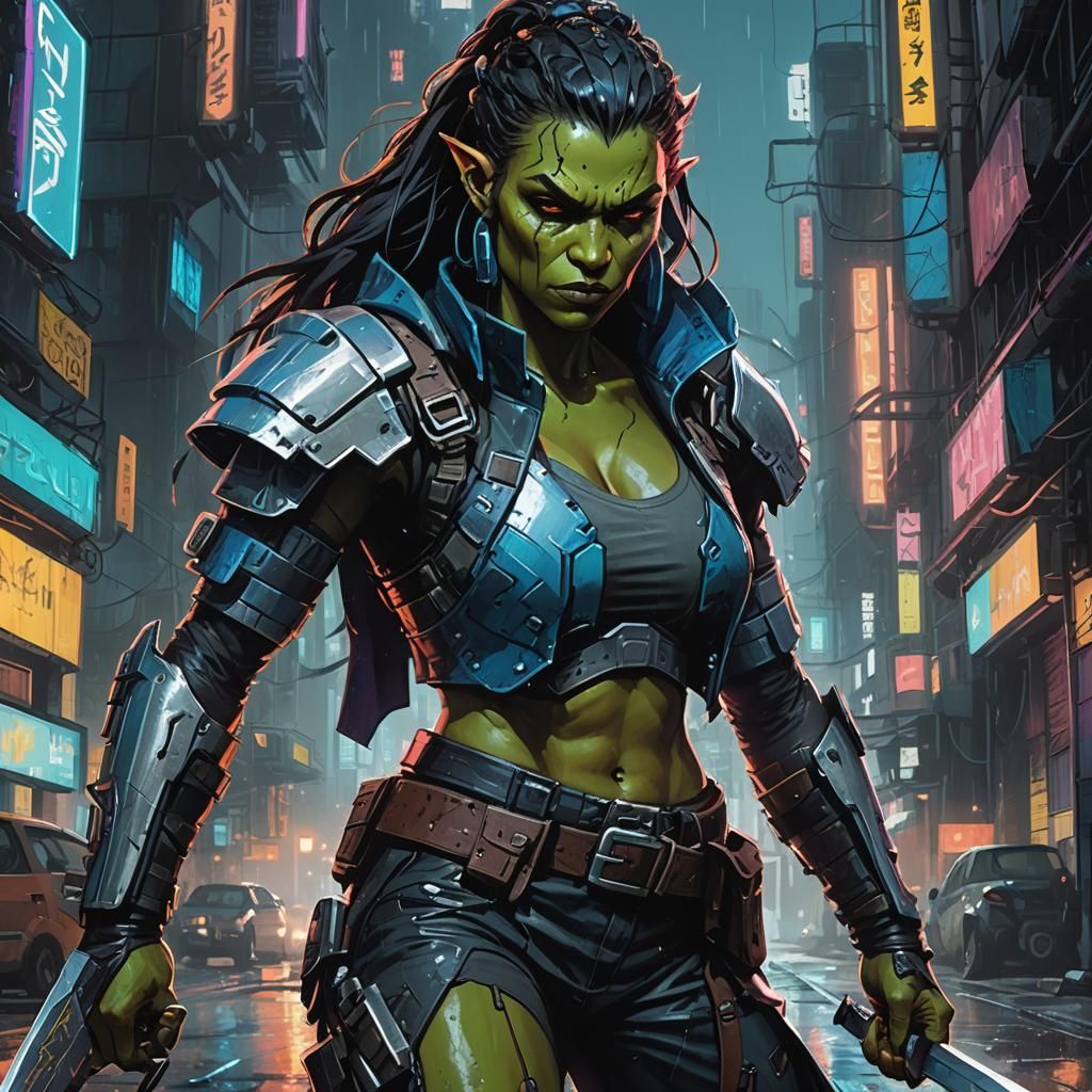 Cyberpunk Half-Orc with Knife in Gritty Cityscape