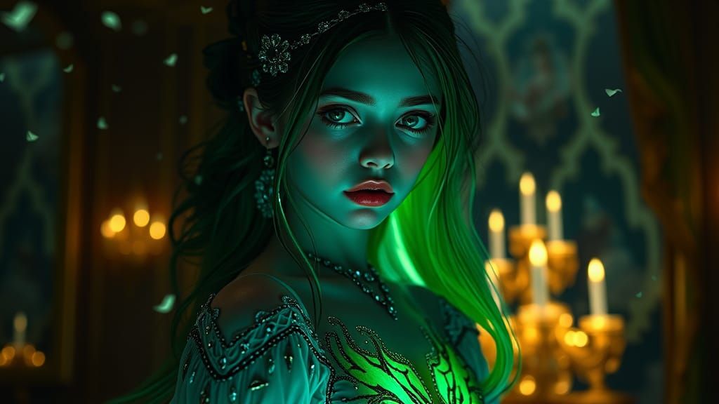 Ethereal Nymph in Opulent Ballroom with Fireflies