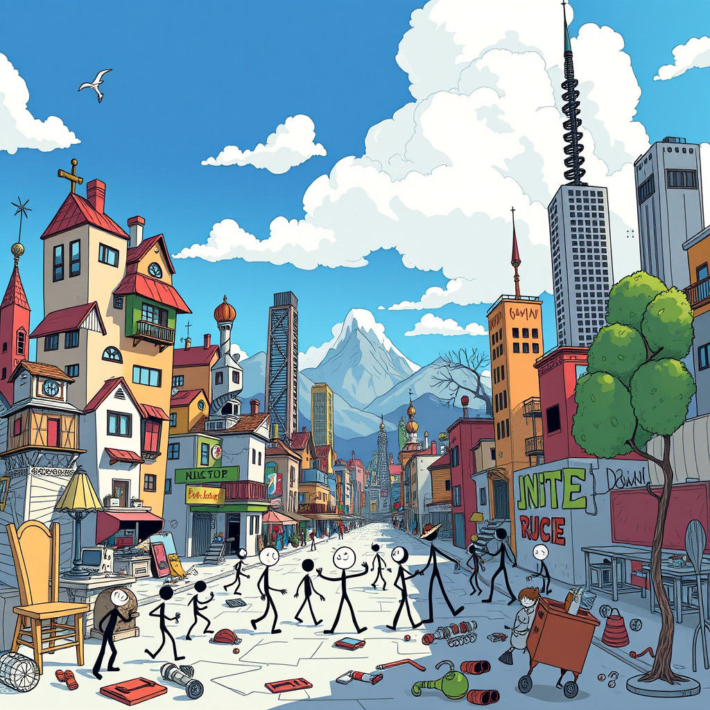 Whimsical Doodle Cityscape with Wacky Buildings