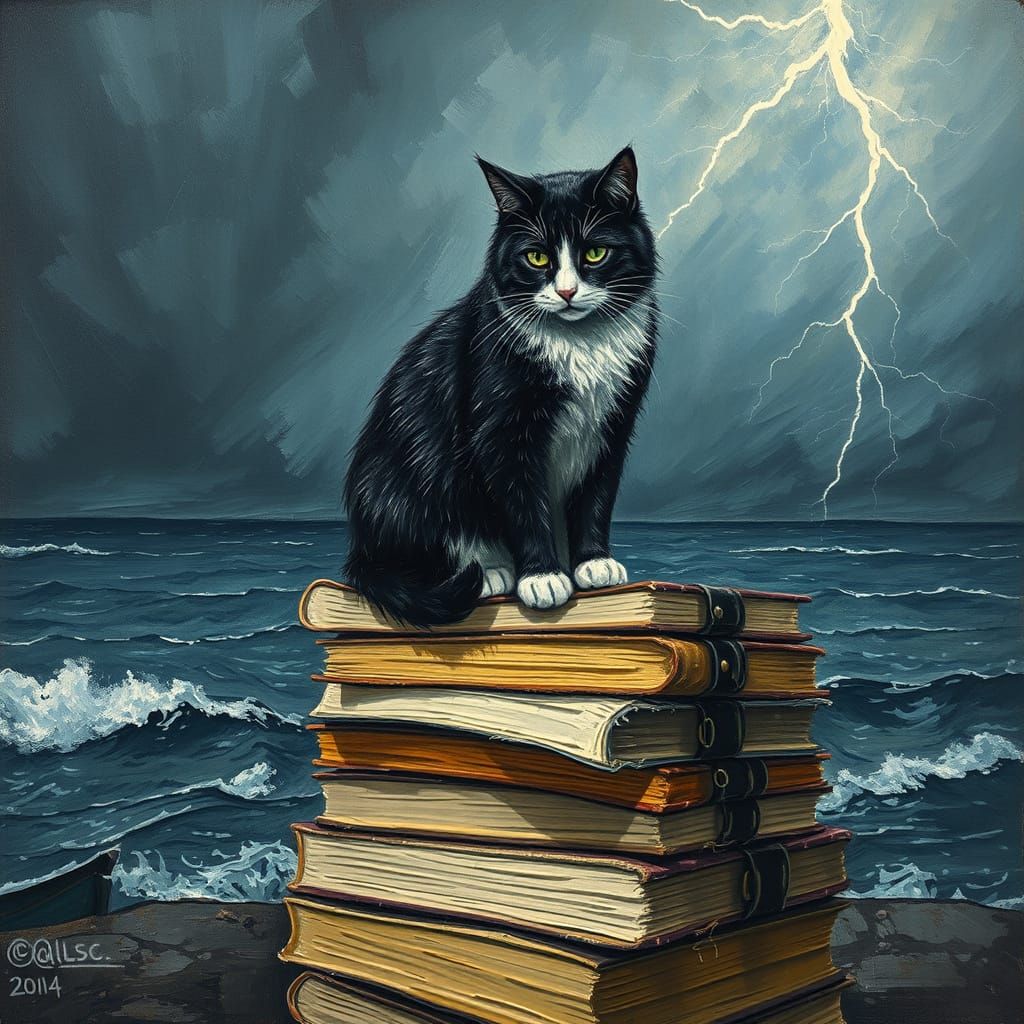 Melancholic Cat on Books Gazing at Stormy Sea