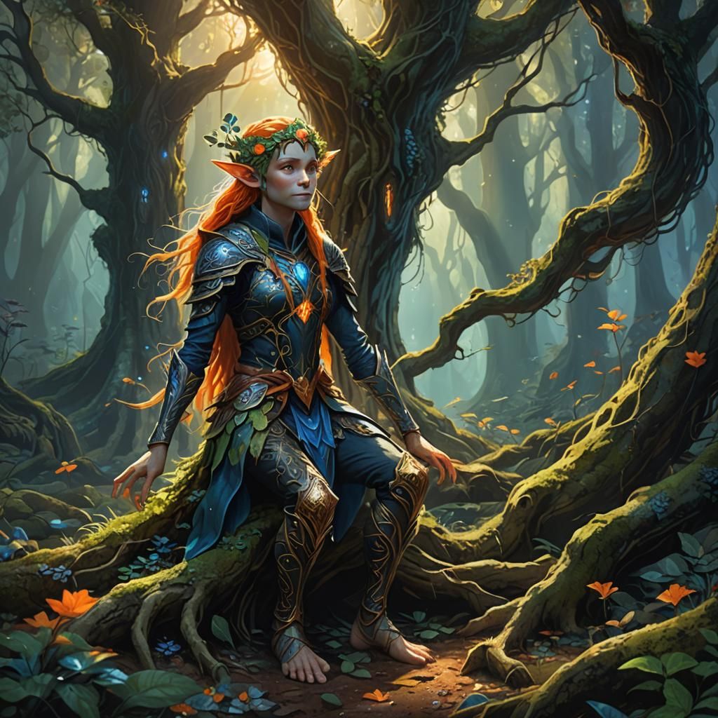 Earth Elf Touching Glowing Root: Fantasy Concept Art