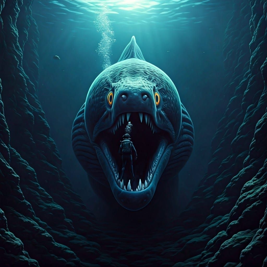 Gigantic Moray Eel Sea Monster in Dark Underwater Abyss
