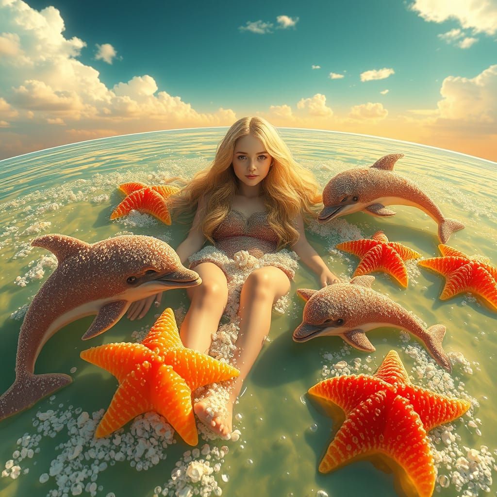 Dreamlike Soda Sea with Gummy Dolphins, Digital Art