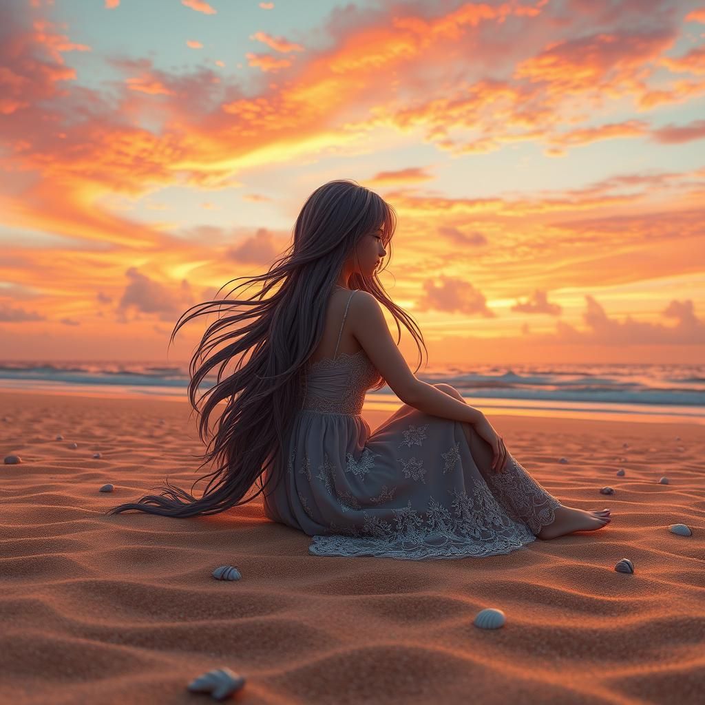Sunset Beach Anime Girl in 3D Style