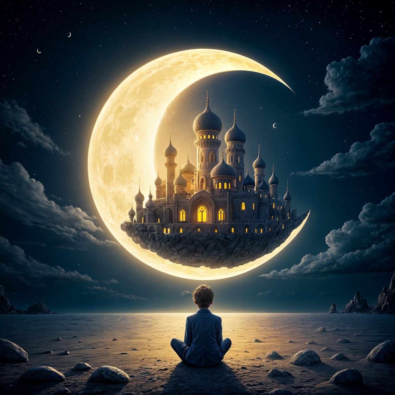 Boy in Blue Suit Stares at Magical Crescent Moonlit City