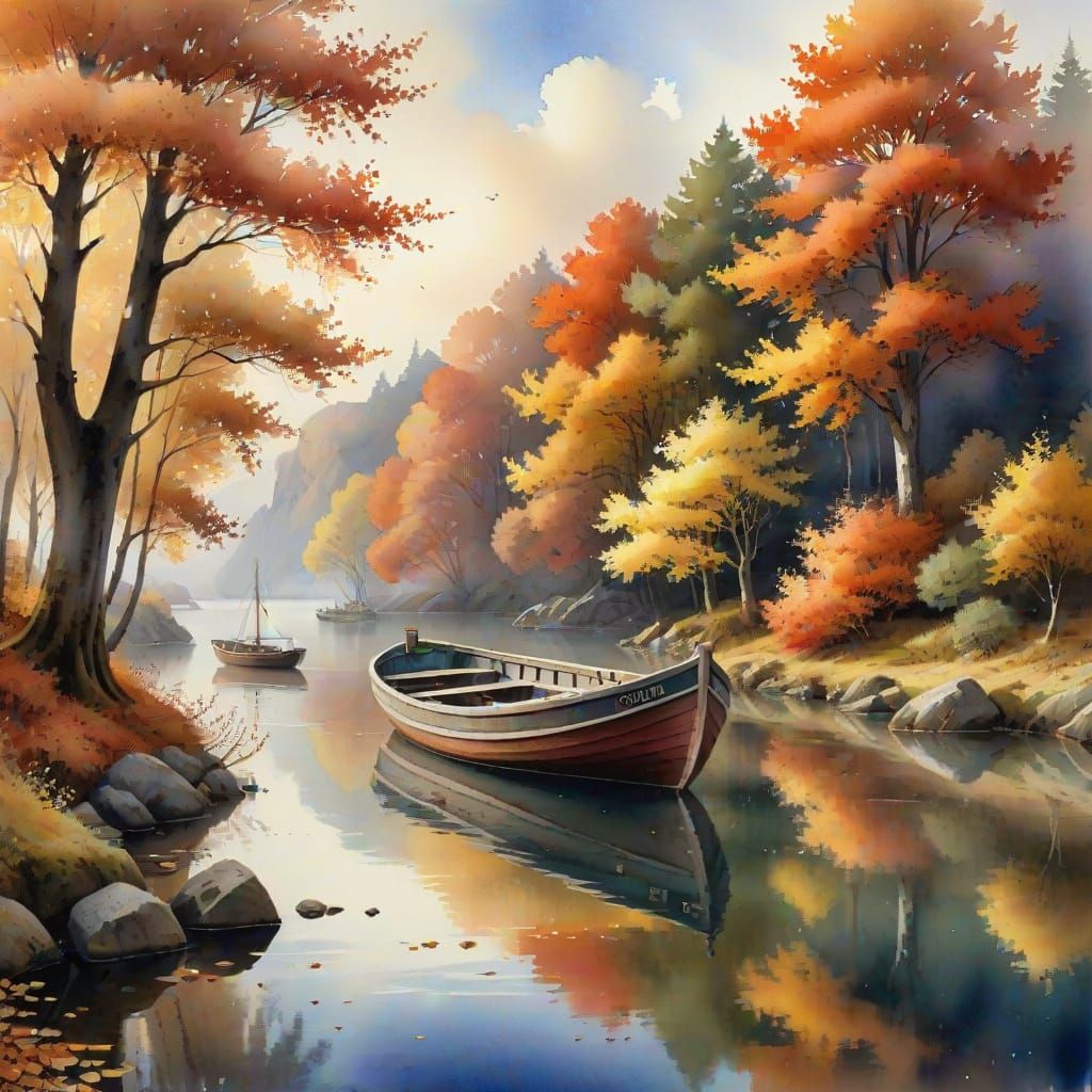 Autumnal Watercolor Boat in Soft, Rich Detail