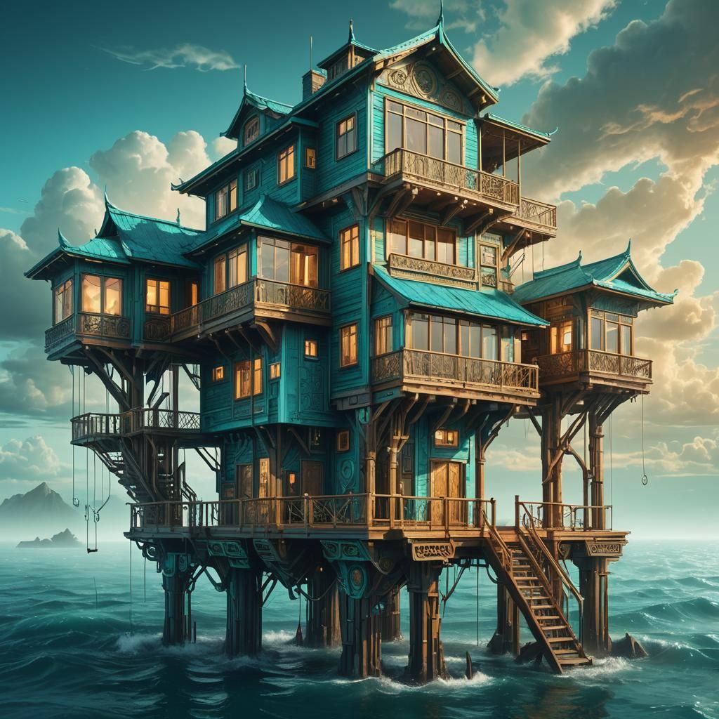 Surreal House Concept Art in Turquoise and Gold