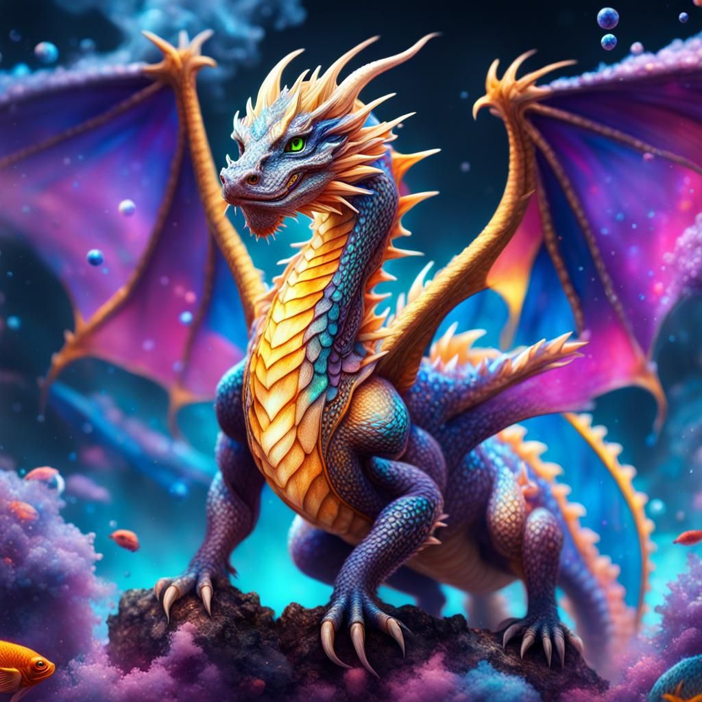 Blue-Eyed Dragon on Fish Hoard, Photorealistic Style