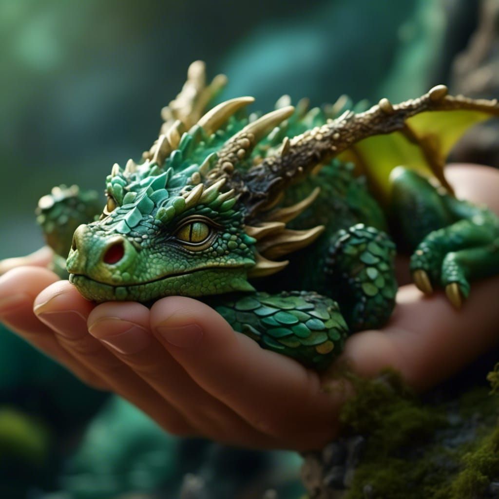 Tiny Green Dragon Asleep in Hand: Hyperreal Photo