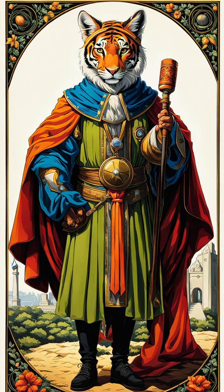 The Fool Tarot Card with Tiger Illustration