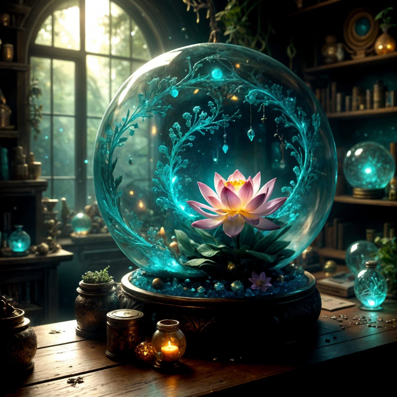 Celestial Lotus Unveils Mystical Realms in Glass Orb