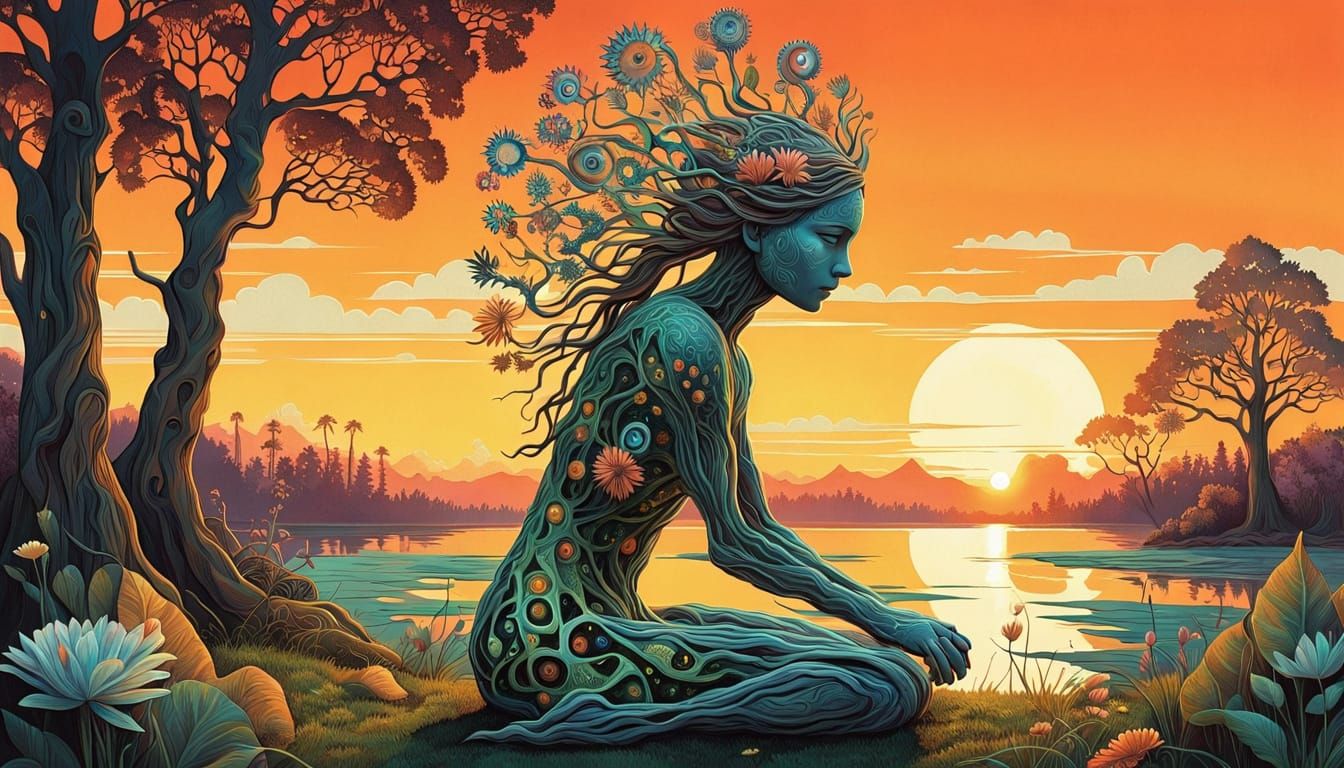 Bead Blast Sculpture of Figure at Sunset, Folkloric Robot Ar...