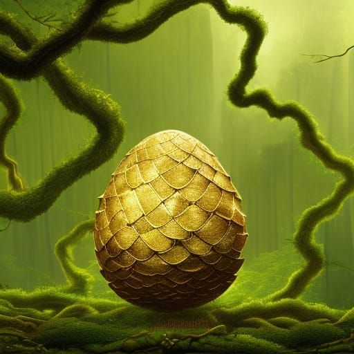 Green and Gold Dragon Egg in Rainforest Nest