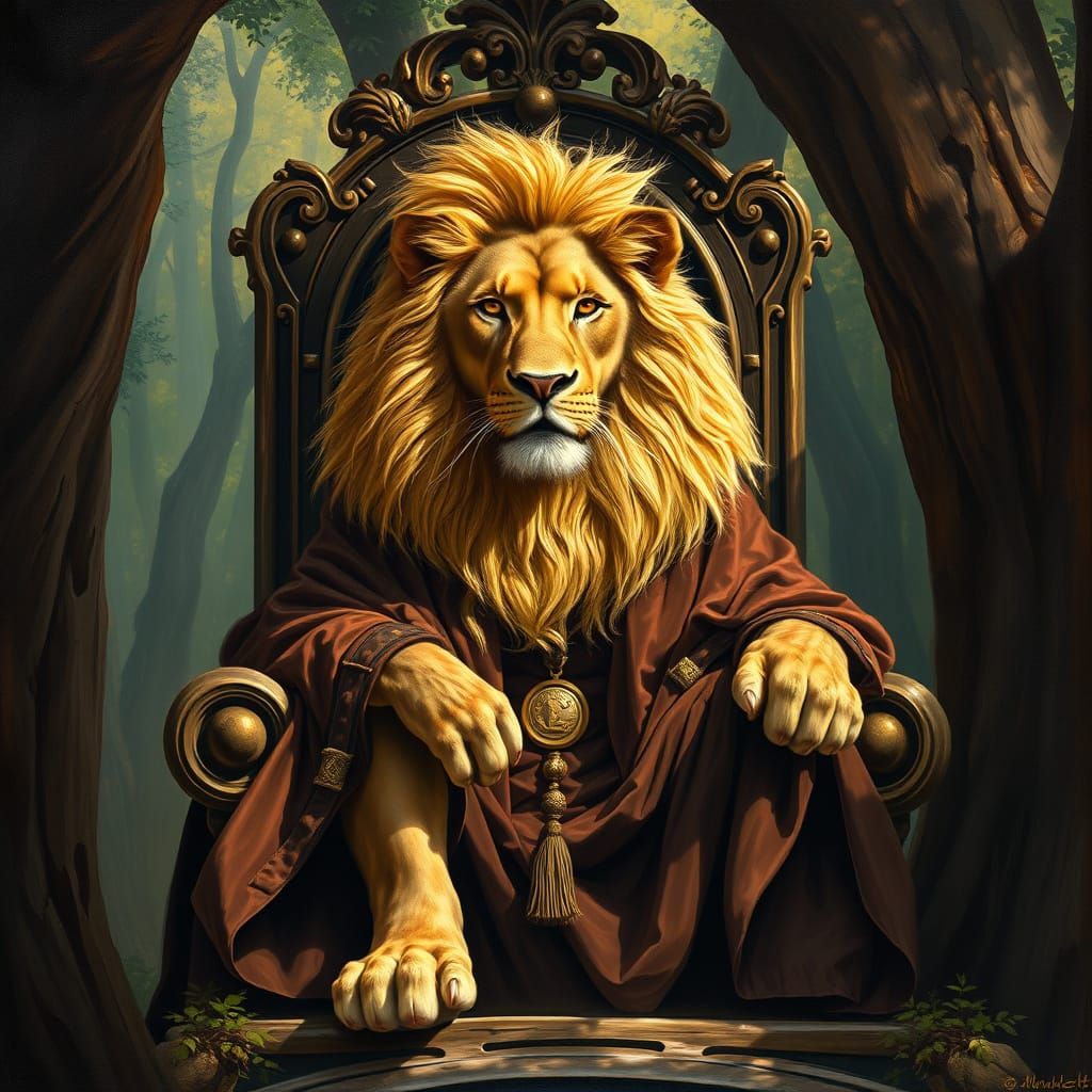 Majestic Lion King in Ancient Oak Throne Room
