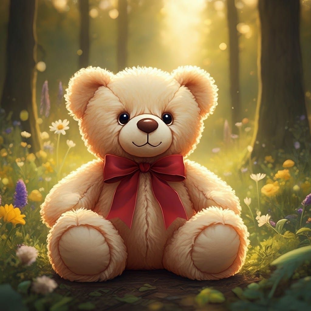 Teddy Bear in Cozy Forest, Watercolor Illustration