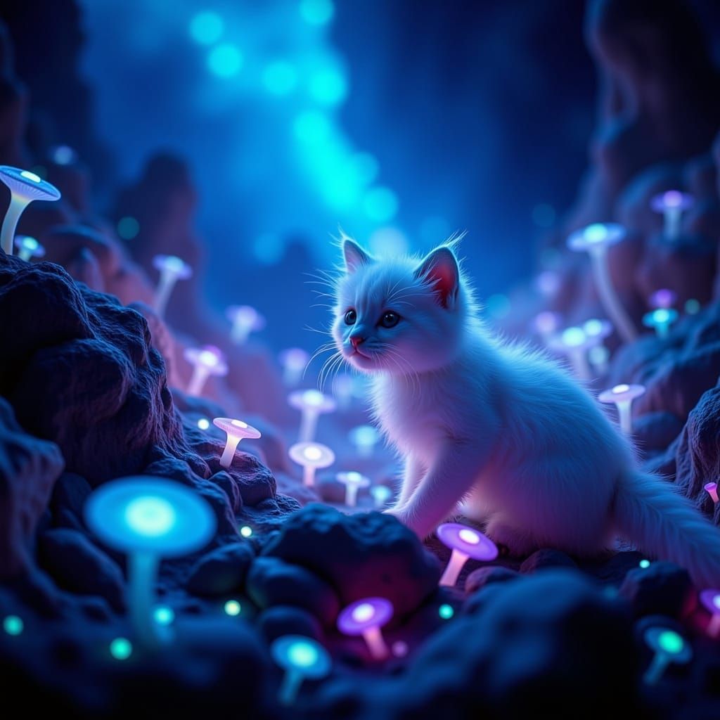 Fluffy Angora Cat Explores Alien Planet in Bioluminescent La...