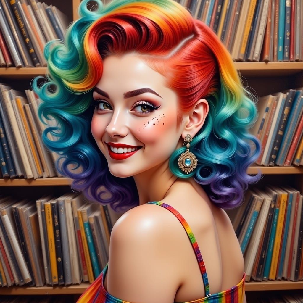 Rainbow Haired Woman in Record Shop Painting