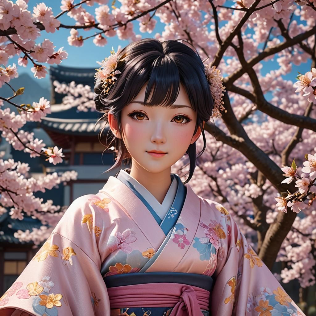 Gentle Princess in Vibrant Kimono, Cherry Blossoms Surround