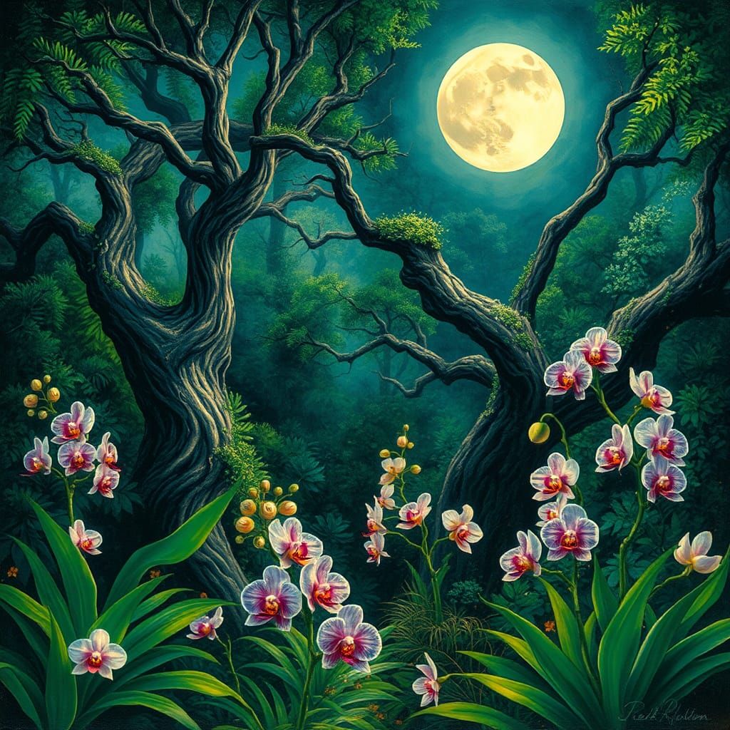 Mystical Moonlit Orchids in Enchanted Forest