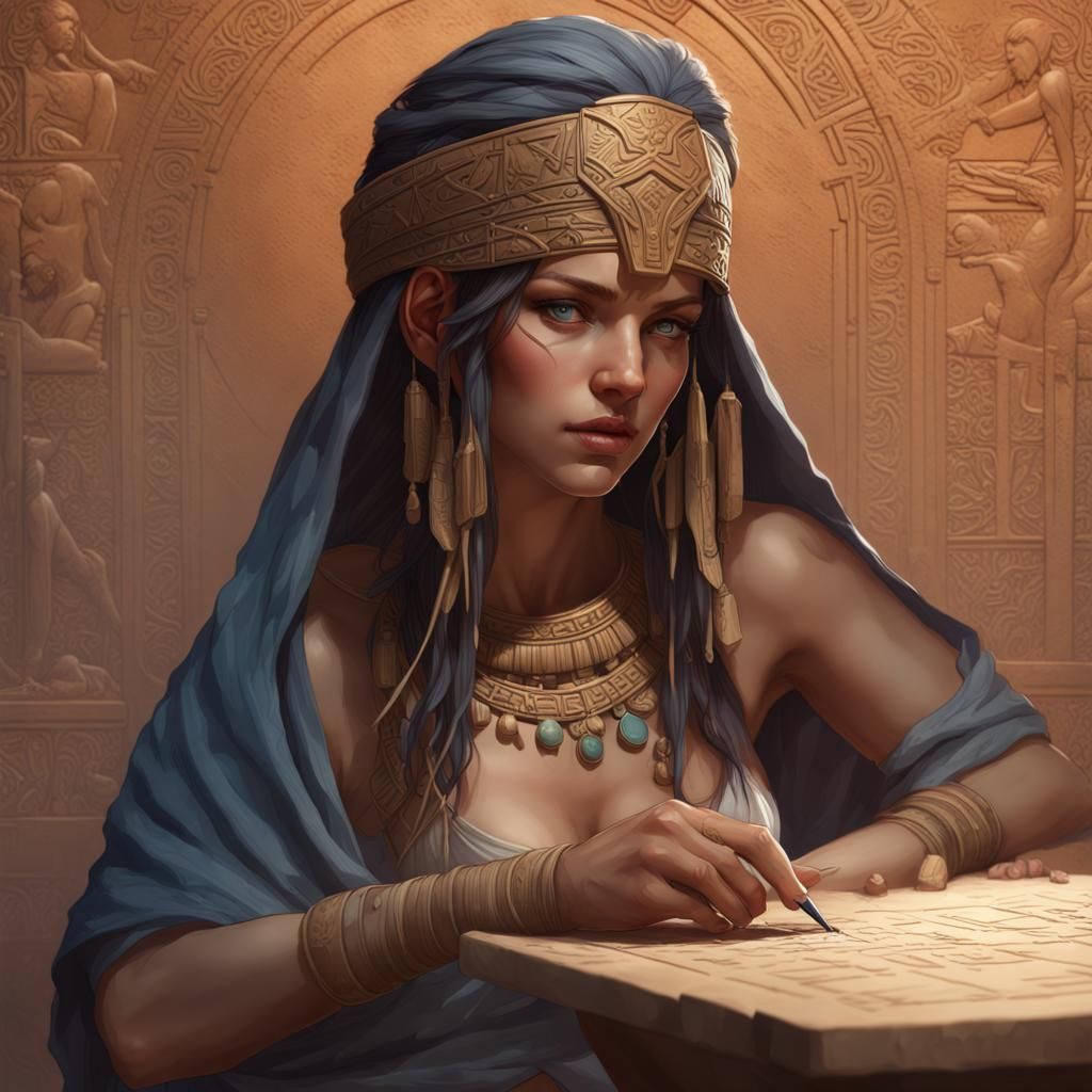 Enheduanna Writes Cuneiform: Hyperdetailed Concept Art