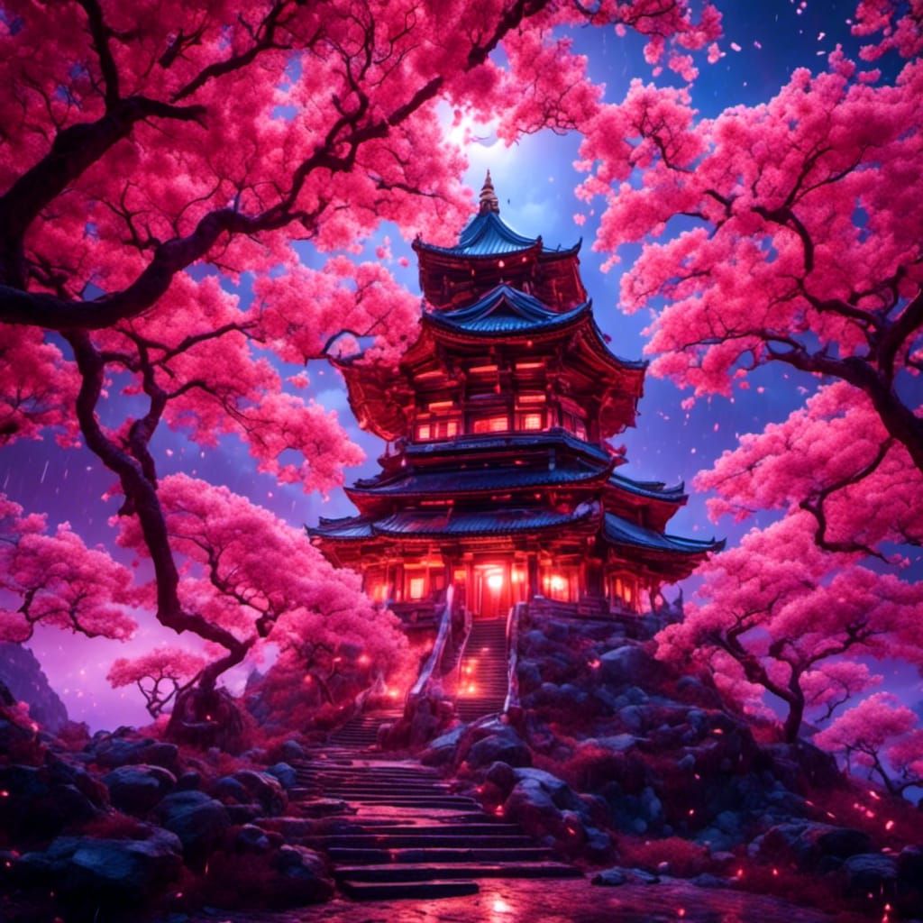 Bioluminescent Cherry Blossom Temple in Hyperreal Style