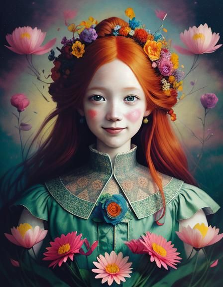 Smiling Auburn Princess in Floral Collage Art