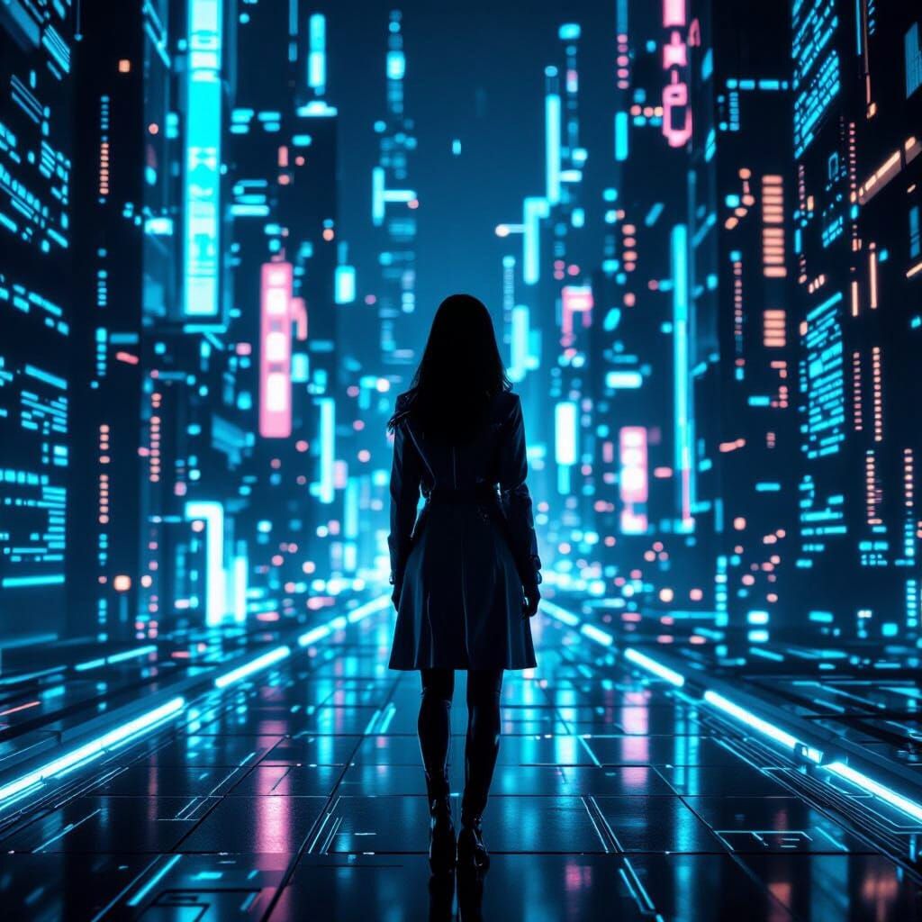 Futuristic Woman in Neon Cityscape: Tech Noir Aesthetic