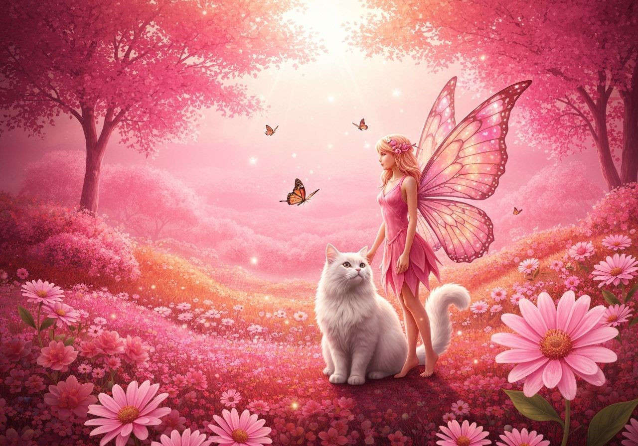 Fairy and Cat in Double Exposure Fantasy Landscape