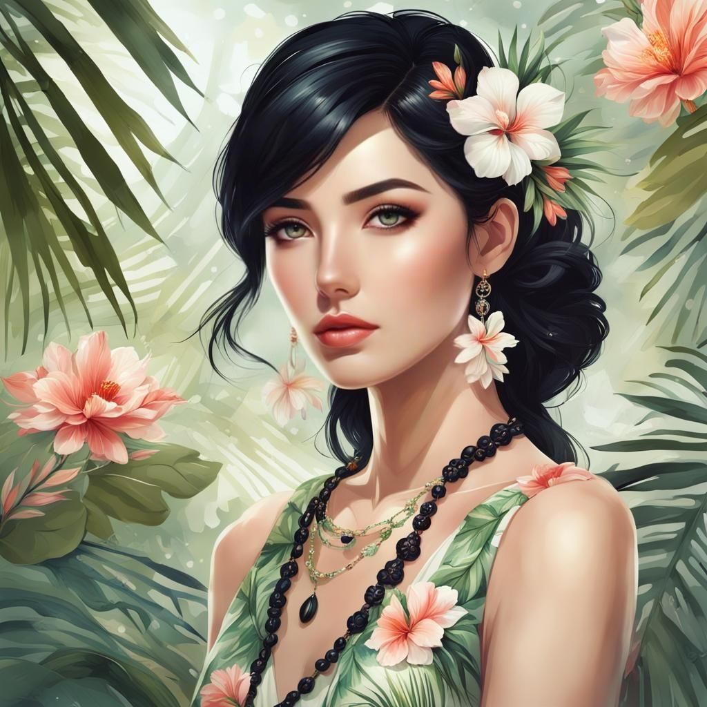 view of a stunning woman with tied black hair decorated with a delicate flower, realistic style, cinematic style, young ...
