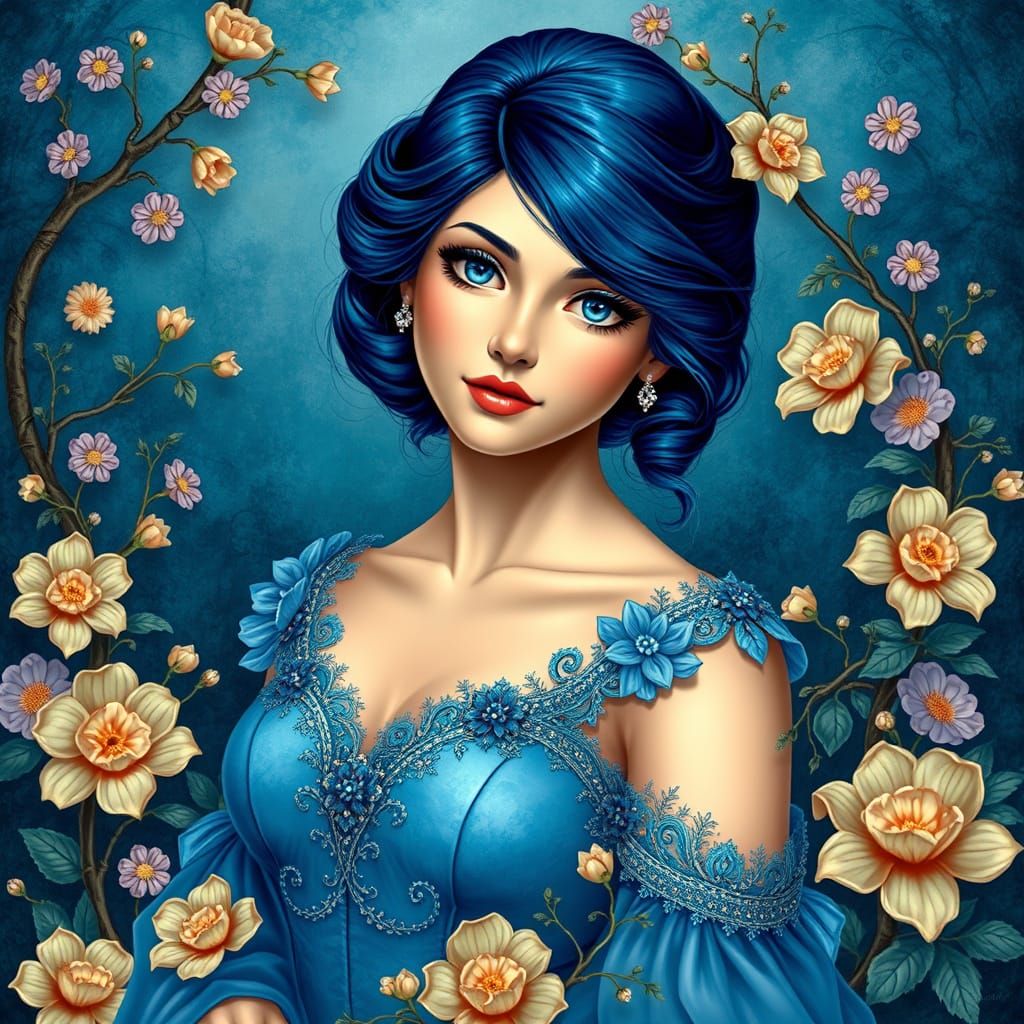 Imagino una ilustración realizada con una técnica de gráficos artísticos que captura la elegancia, belleza y delicadeza ...