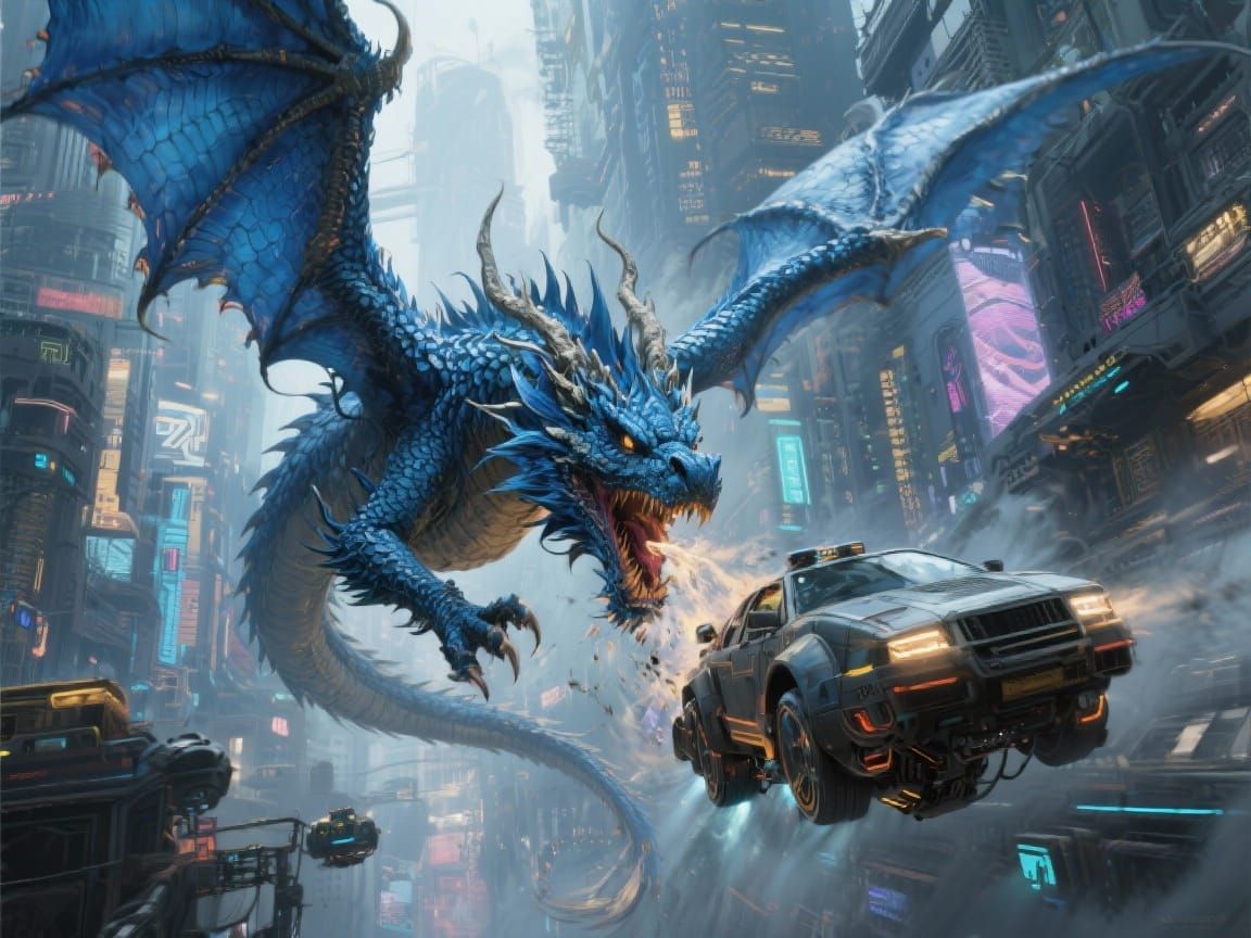 Cyberpunk Dragon Attack on Flying Car