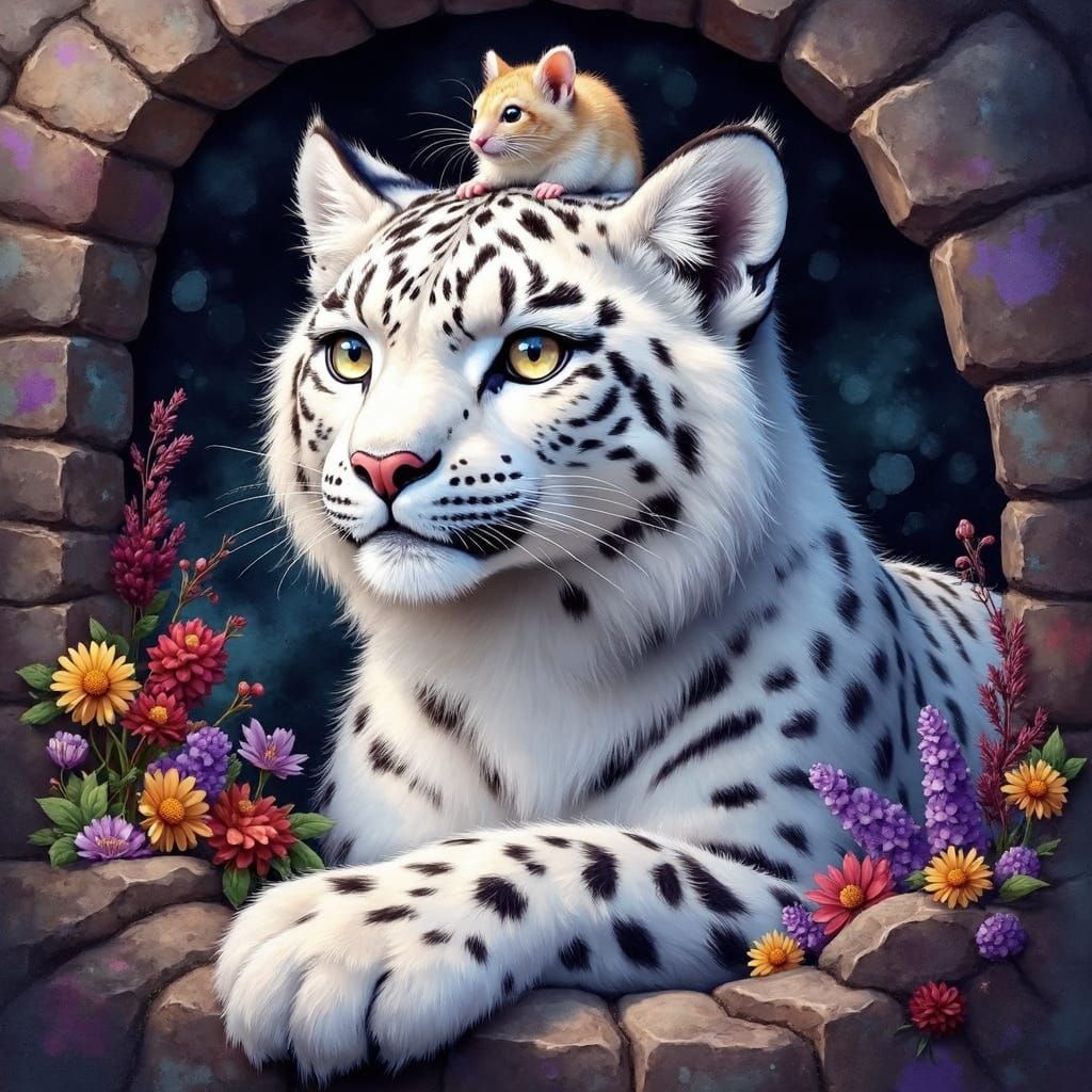 Whimsical White Snow Leopard Enjoys a Gentle Moment with a T...