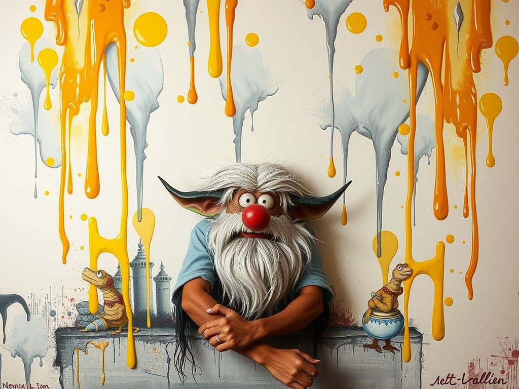 Grumpy Cartoon Character in Dutch Pour Abstract