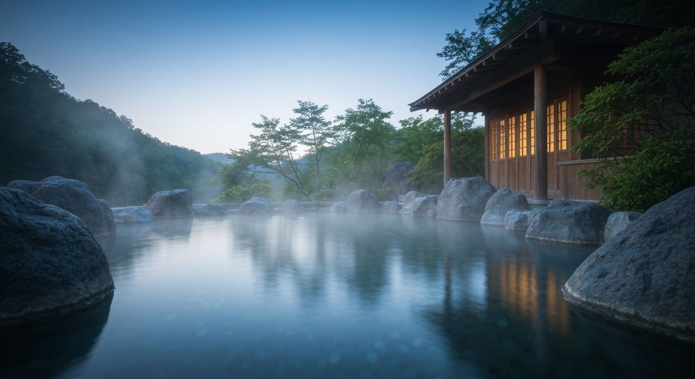 Serene Japanese Hot Springs Moonscape with Glowing Rocks
