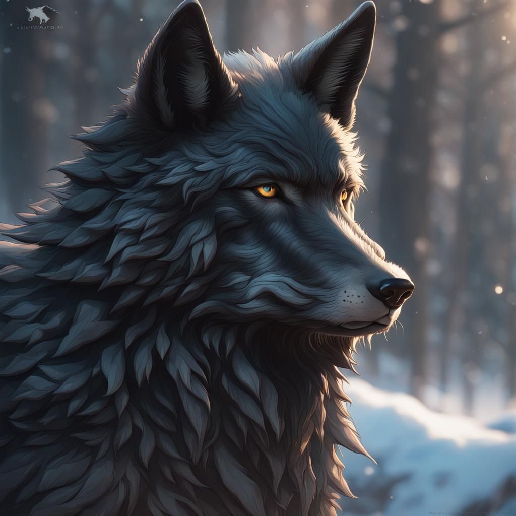 Winter Black Wolf Portrait in Hyperdetailed Style