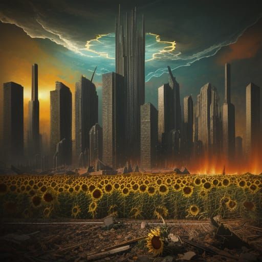 Glitchcore Sunflowers Emerge in Dystopian Landscape