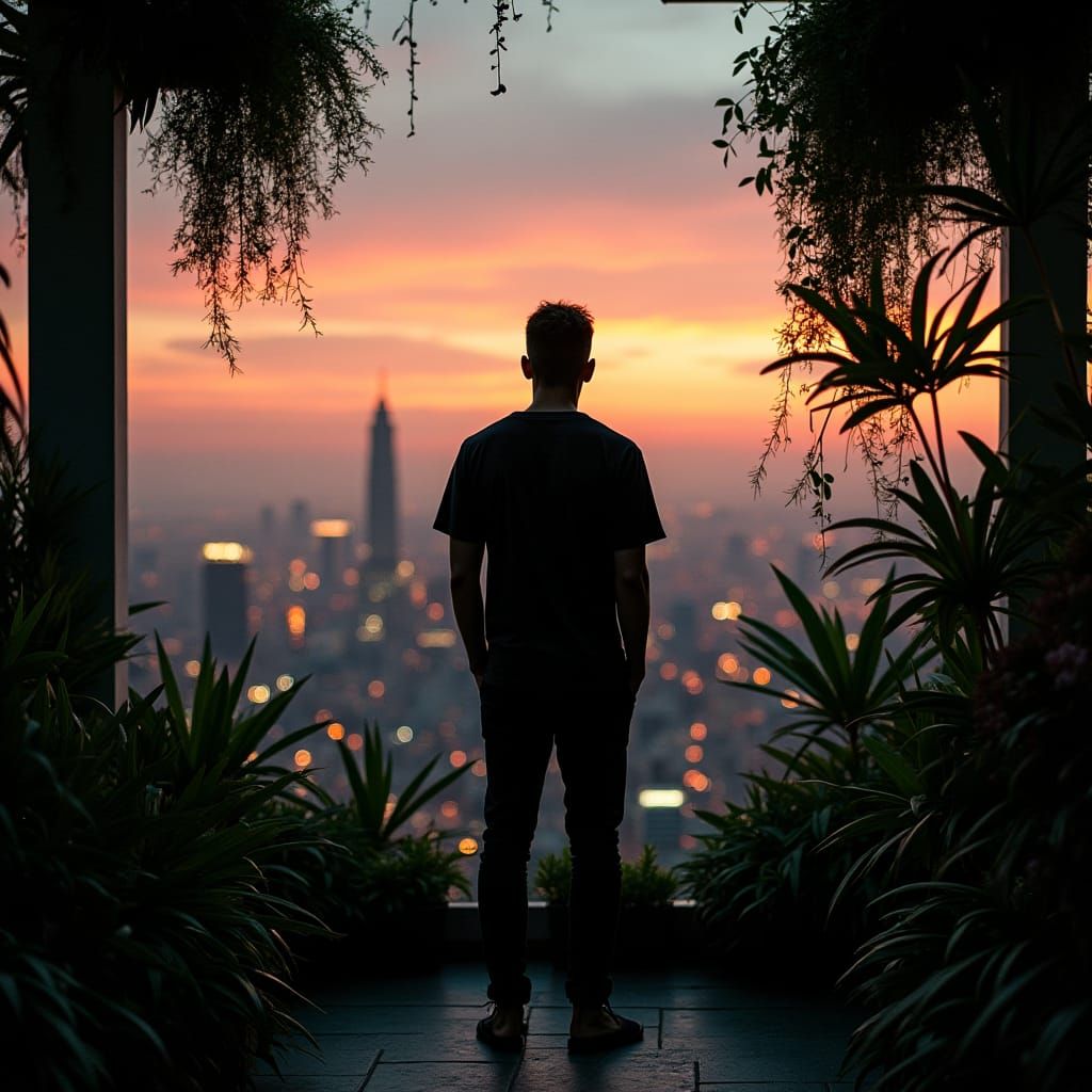 Twilight Rooftop Silhouette: Cinematic Urban Scene