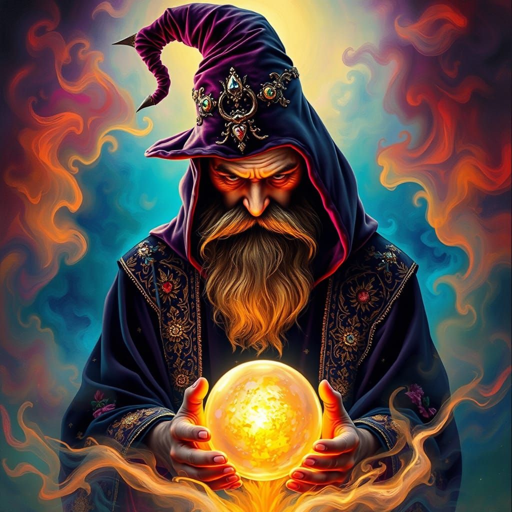 Mystical Wizard in Velvet Cloak Gazing into Iridescent Cryst...