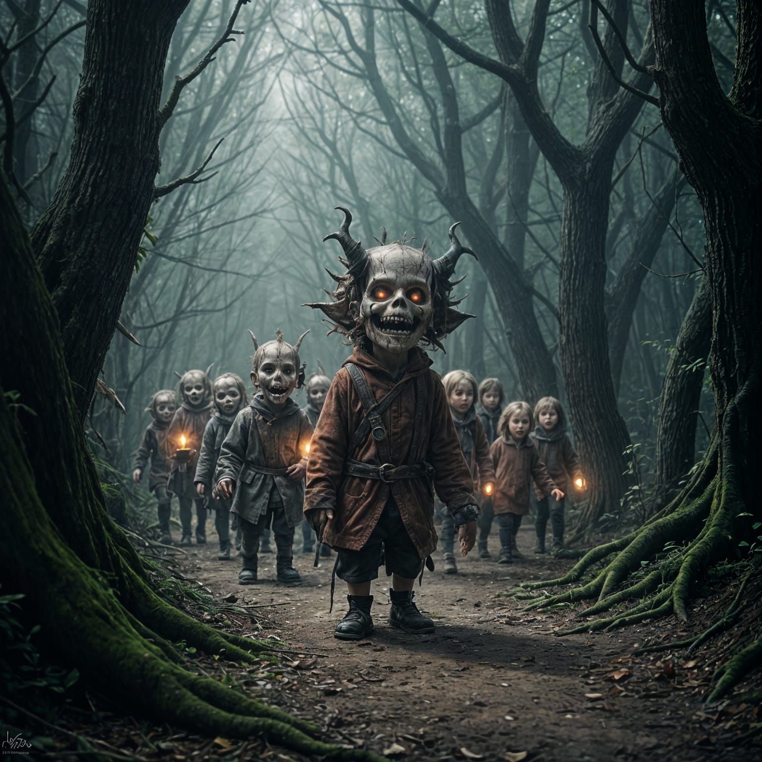 Sinister Child Leads Dark Procession Through Gothic Woods in...