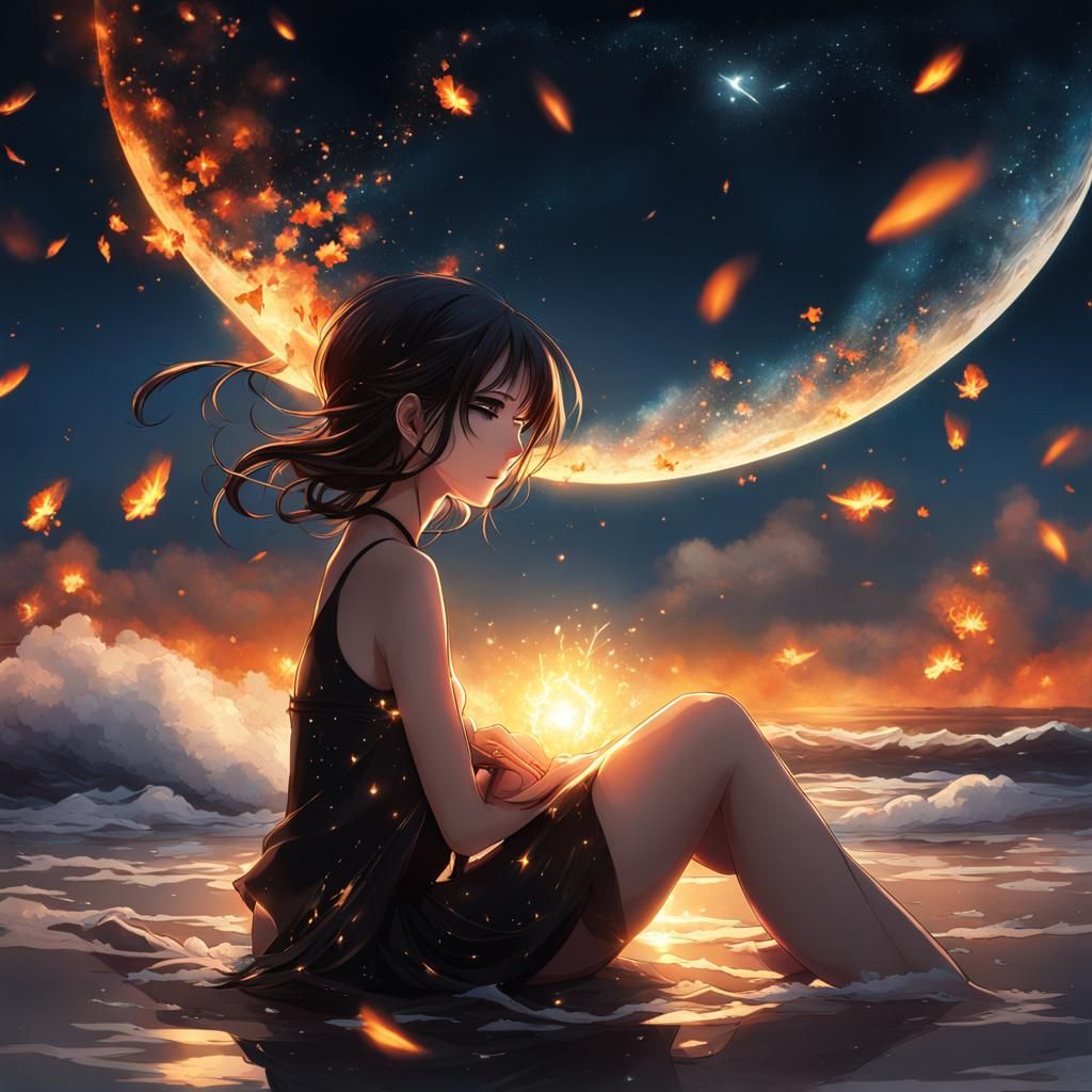 Noir Anime Girl Gazing at Falling Stars