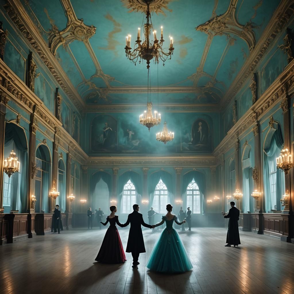 Vampires Dancing in a Cyan Lit Ballroom