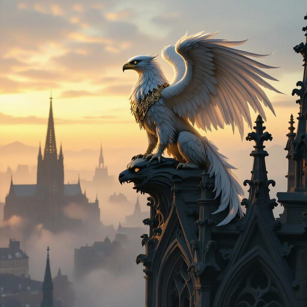 Griffin Overlooking Victorian City in Gothic Style